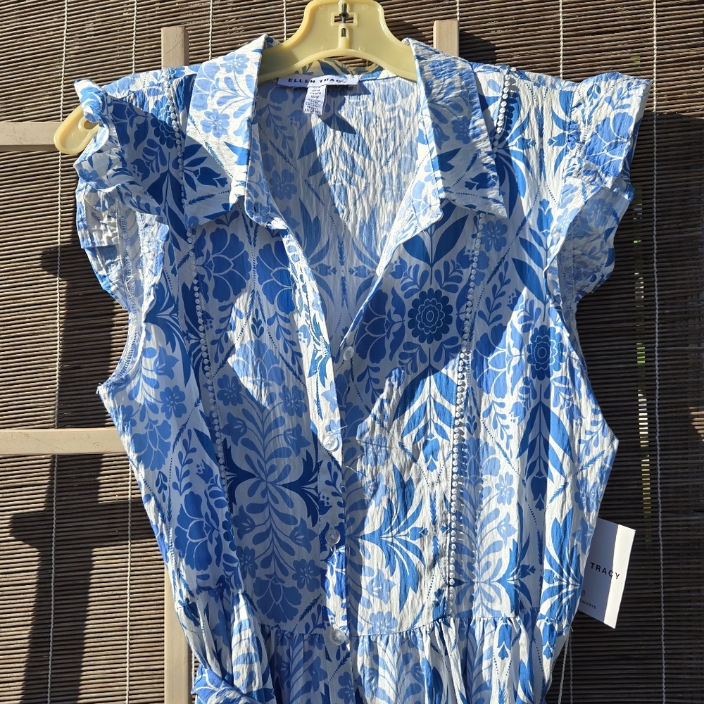 NEW Ellen Tracy Blue Vintage Floral Spring Dress M - Picture 4 of 11